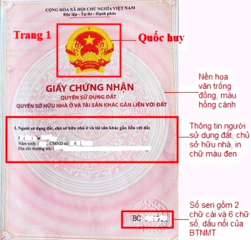 Trang 1 gồm Quốc hiệu, Quốc huy, dòng chữ màu đỏ“Giấy chứng nhận quyền sử dụng đất, quyền sở hữu nhà ở và tài sản khác gắn liền với đất”